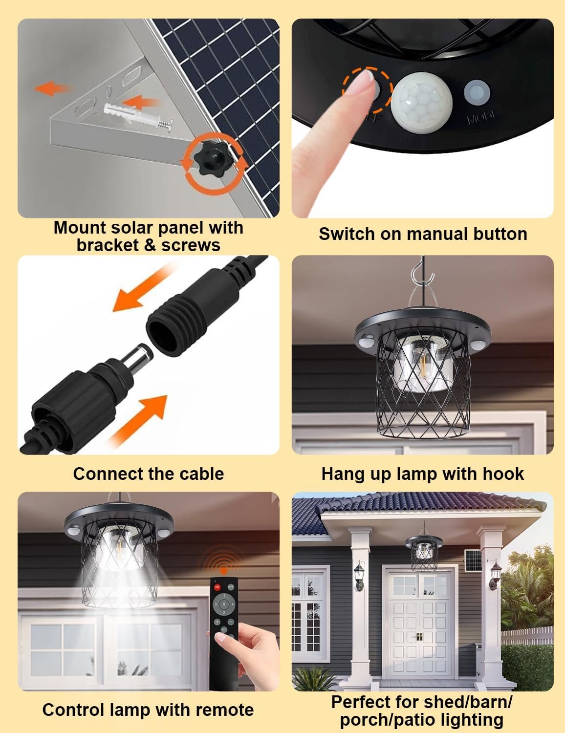 Solar Pendant Lights Outdoor,Motion Sensor Lights, IP65 Waterproof, Switchable 5 Lighting Modes. Remote Control and Solar-Powered ，Suitable for porches, Gardens,garages, and Emergency Lighting