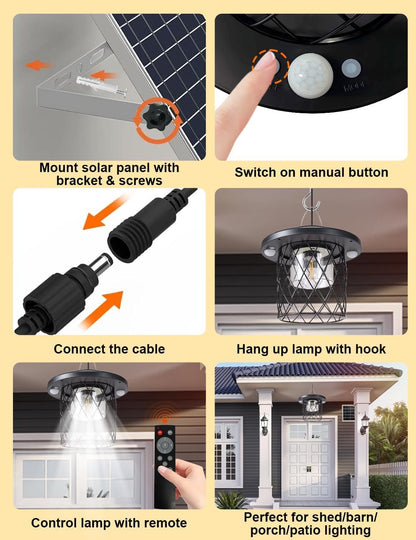 Solar Pendant Lights Outdoor,Motion Sensor Lights, IP65 Waterproof, Switchable 5 Lighting Modes. Remote Control and Solar-Powered ，Suitable for porches, Gardens,garages, and Emergency Lighting