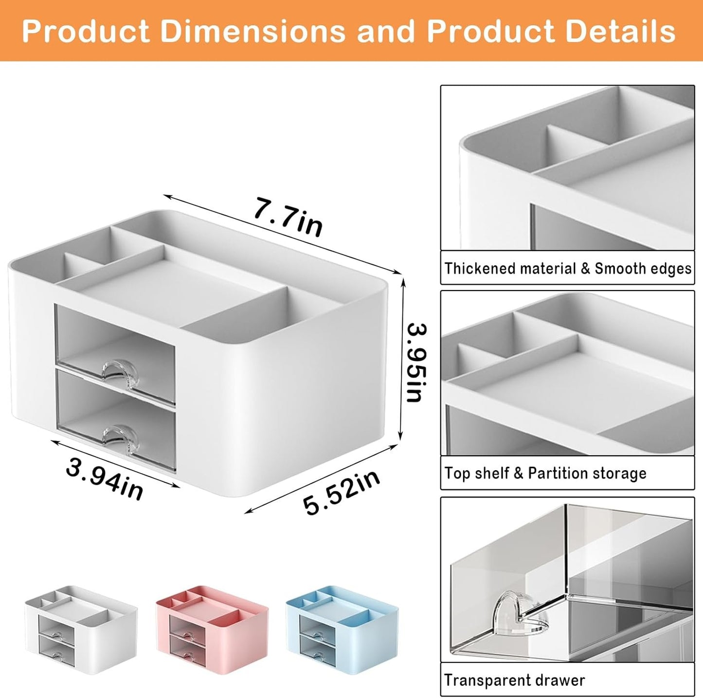 Drawer Organizers, 4 sections & 2 drawers Pen Holder for Desktop Storage, Desk Organizer, Plastic Makeup Organizer, Desk Organization for School, Home, Office Supplies (White)