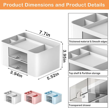 Drawer Organizers, 4 sections & 2 drawers Pen Holder for Desktop Storage, Desk Organizer, Plastic Makeup Organizer, Desk Organization for School, Home, Office Supplies (White)