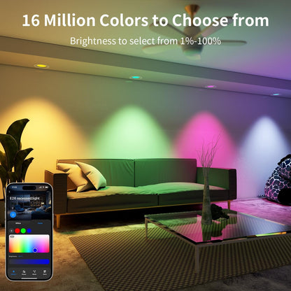 Peteme E26 Retrofit LED Recessed Lighting 6 Inch, IC Rated ETL Certified Smart Can Light Baffle Trim Style, RGBCW Dimmable Color Changing Soffit Downlight Compatible with Alexa/Google, 1100LM, 6 Pack