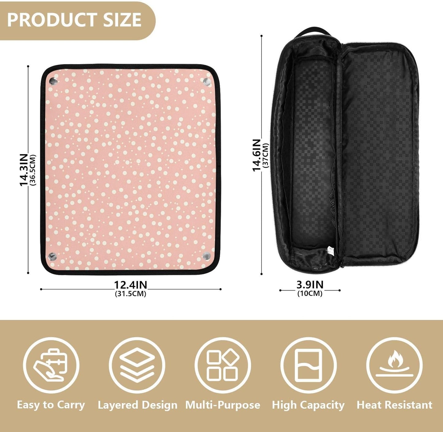 FRODOTGV Borsa da viaggio rosa a pois per strumenti per capelli caldi con tappetino in ferro antipolvere borsa da viaggio per piastra per utensili caldi e accessori per la cura dei capelli Custodia