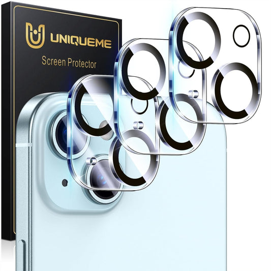 [3 Pack] UniqueMe Compatible with iPhone 15 6.1 inch/ 15 Plus 6.7 inch Camera Lens Protector Tempered Glass,[Case Friendly][Scratch-Resistant][Easy Installation]-Black Circle