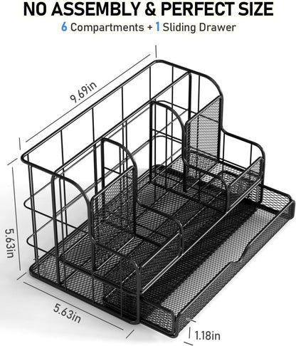 Nicpro Desk Organzier and Accessories, Black Mesh Desktop Organizer with Drawers, Pen Holder, Phone Holder, 72 PCS Paper Clips, Desk Caddy and Office Supply Organizer Set for Teacher Office Home
