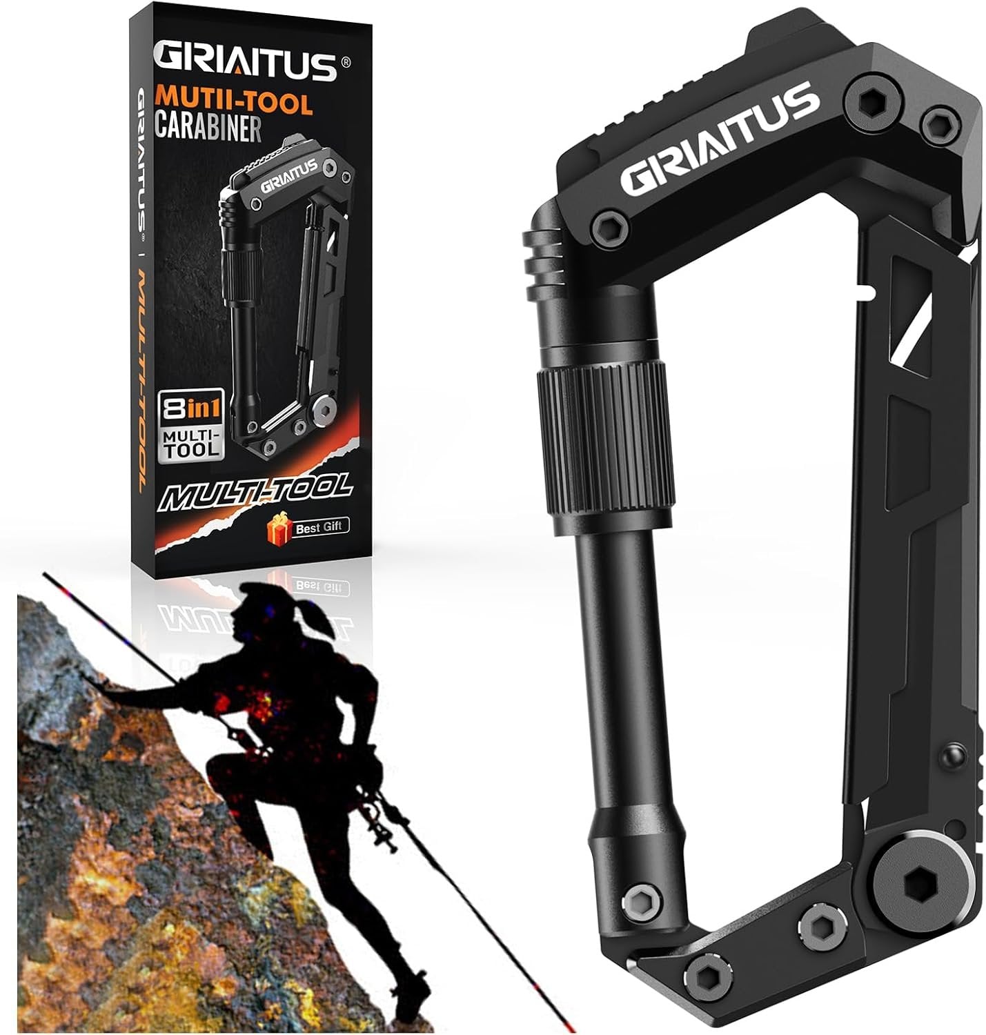 Carabiner Multitool, EDC Carabiners with Pocket Knife, Serrated Knife, Rope Cutter, Screwdriver, Can Bottle Opener, Ruler, Survival Gear for Camping Climbing Outdoor Accessories, Gifts for Men