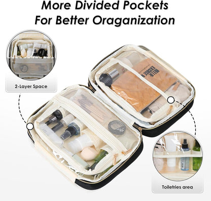 MDODO Hanging Travel Toiletry Bag for Women Traveling with Leakproof Compartment,Transparent Makeup Organizer Cosmetic Make up Bag for Full Sized Travel Accessories Essentials Must Have (Black)