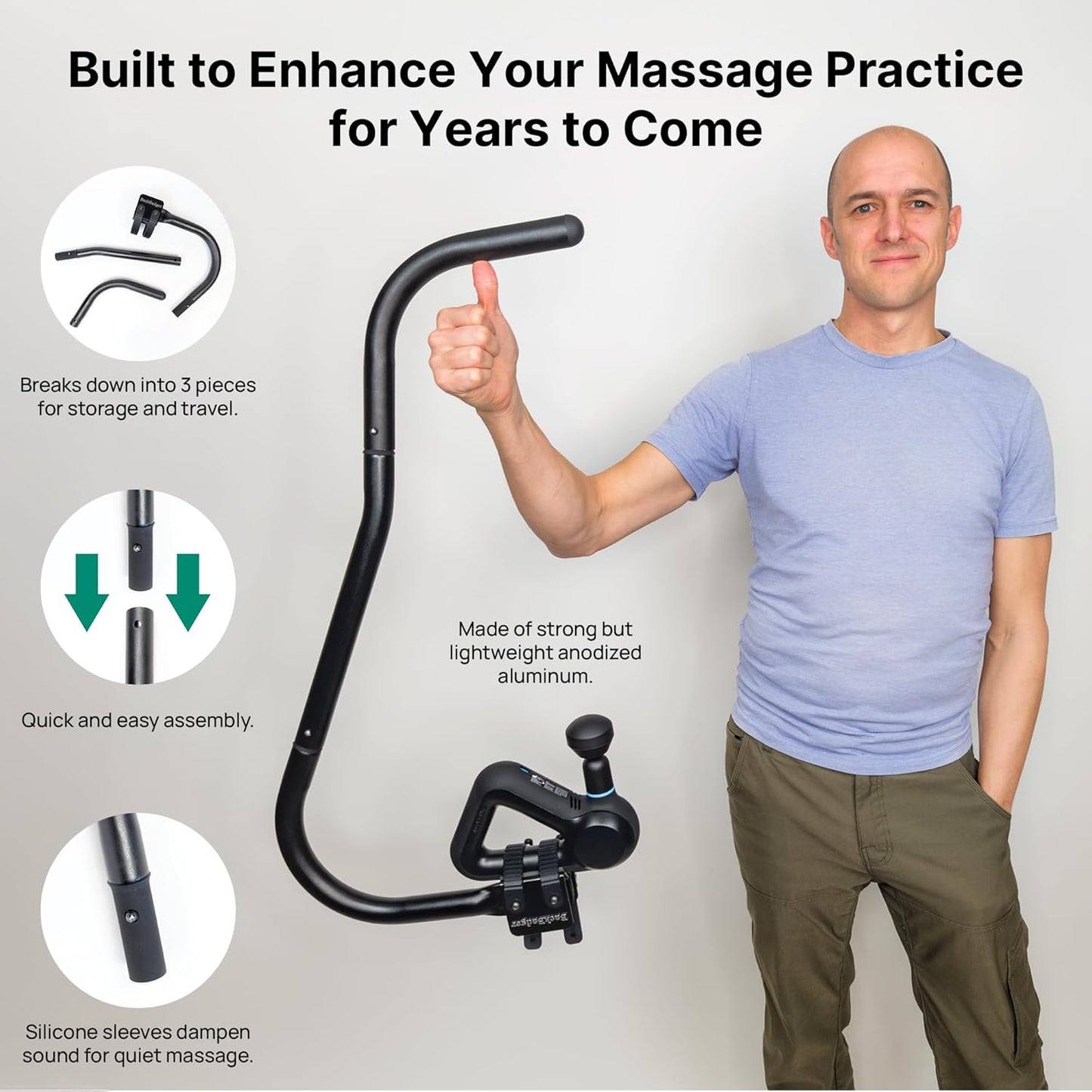 Ninefold Design BackBadger Percussive Massage Gun Holder for Back, Compatible with Most Massage Guns, for Hard to Reach Areas - Black