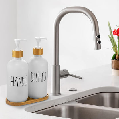 Hand and Dish Soap Dispenser for Kitchen by Brighter Barns - White Kitchen Soap Dispenser Set with Tray - Farmhouse Glass Soap Dispenser - Cute Housewarming, Wedding, Boho Home Decor
