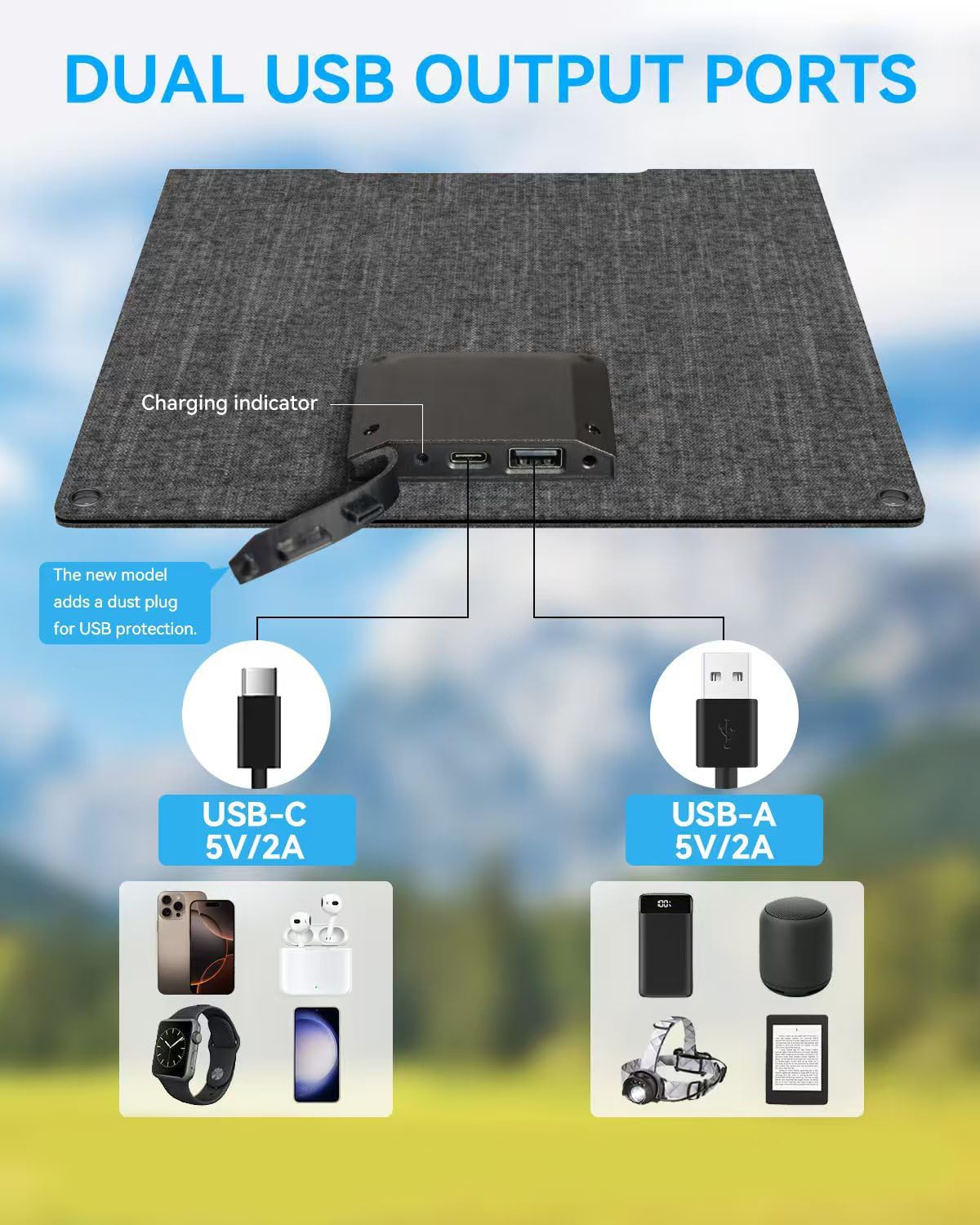 Ecosonique 15W/30W/60W Foldable Solar Charger Panel, Dual USB-A & USB-C Fast Charging, IP67 Waterproof ETFE, Ultra-Light Portable for Camping, Compatible with iPhone, Samsung, Google Pixel, LG