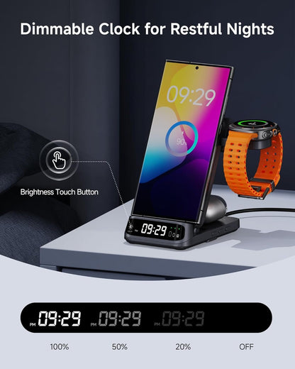 SwanScout 708S Wireless Charging Station for Samsung, 3 in 1 Wireless Charger for Samsung S25/S24/S23/S22/S21/Z Flip/Fold, for Galaxy Watch 7/Ultra/6/5, Galaxy Buds 3/3 Pro (NO Adapter)