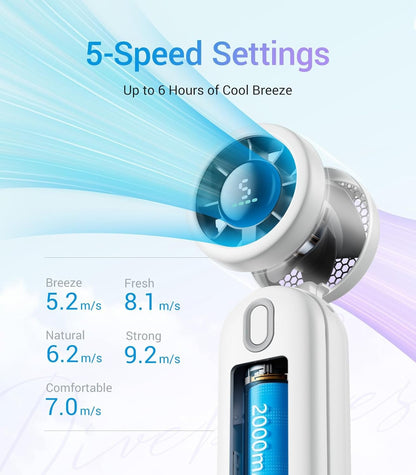 Diveblues iTurbo Handheld Turbo Fan, Mini Foldable Portable Rechargeable Battery Hand Fans, 5 Gear High Speeds Led Display,Powerful Airflow, Small Fan Travel Essentials Beach, Outdoor, Work