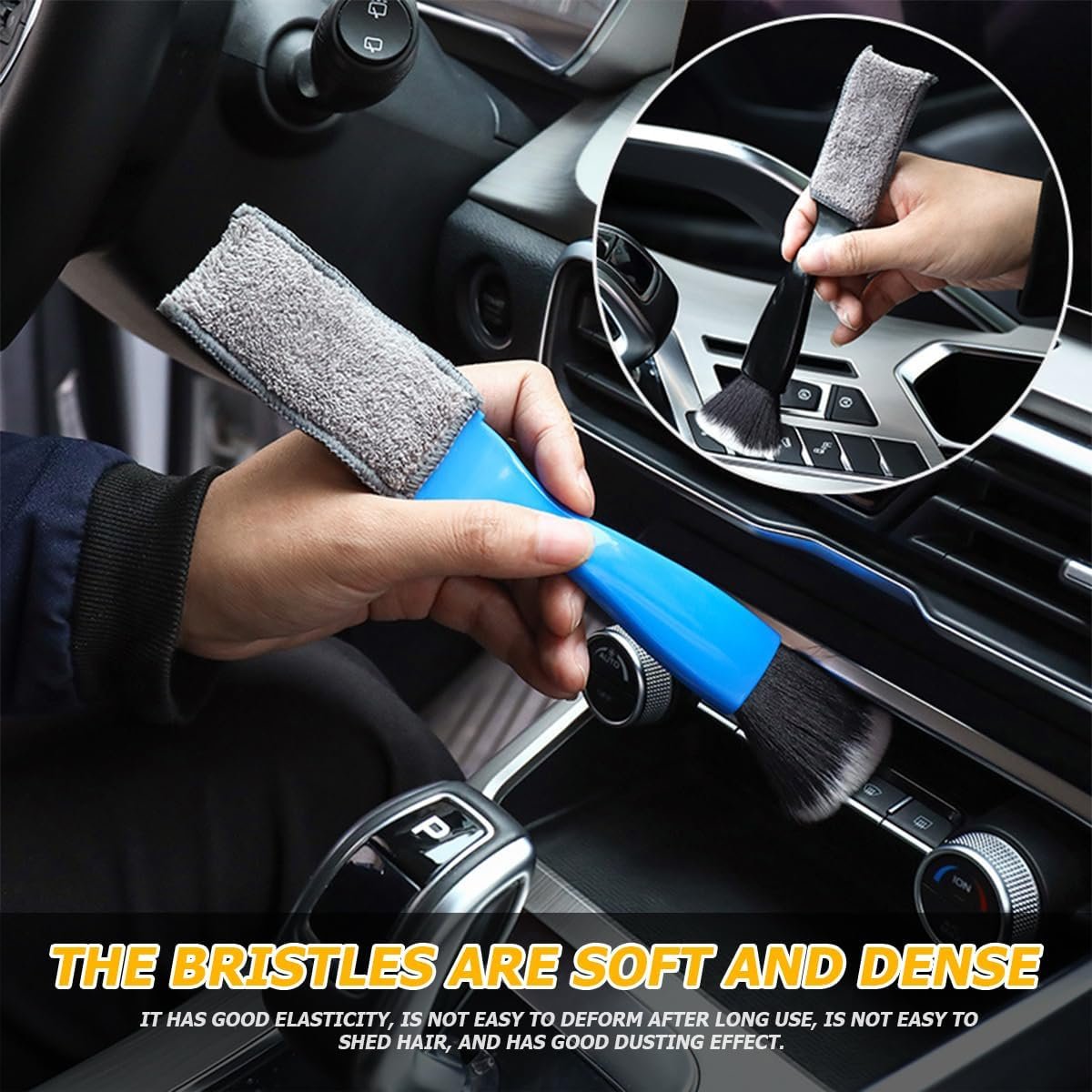 TSUGAMI Double Head Brush for Car Clean, 2PCS 2 in 1 Portable Soft Detail Brush for Cleaning Air Vent Dashboard, Multi-Functional Auto Interior Detailing Tool Accessories, Universal Fit (Black)