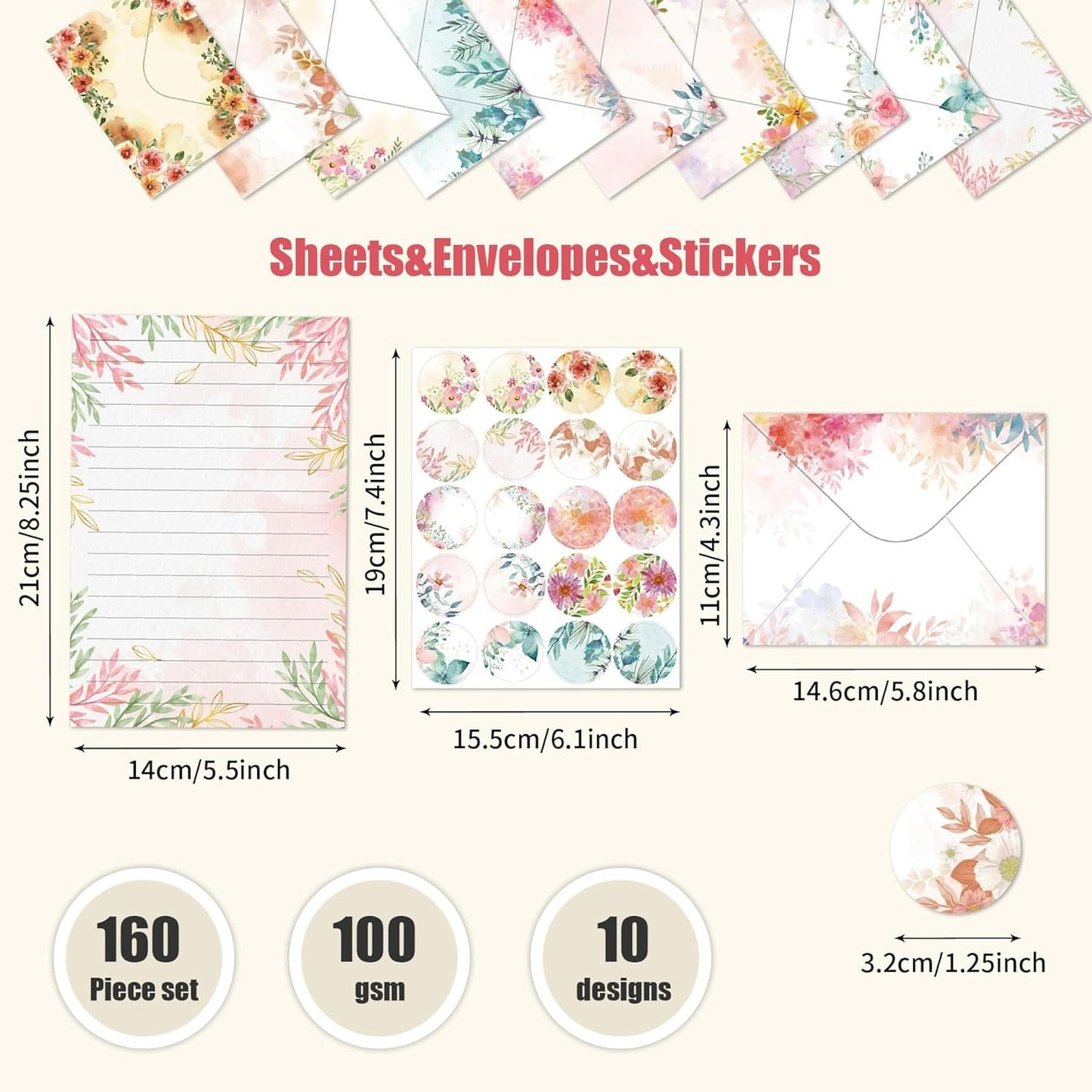 RAORAOYUE 160PCS Stationary Paper and Envelopes Set, 10 Different Style Floral Themed Writing Paper Stationery Set (50 Stationery Paper + 50 envelopes+60 Sticker)