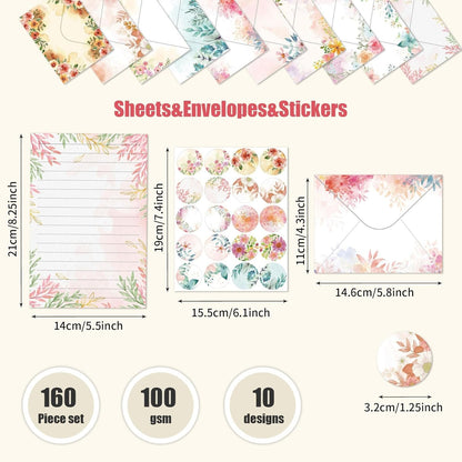 RAORAOYUE 160PCS Stationary Paper and Envelopes Set, 10 Different Style Floral Themed Writing Paper Stationery Set (50 Stationery Paper + 50 envelopes+60 Sticker)