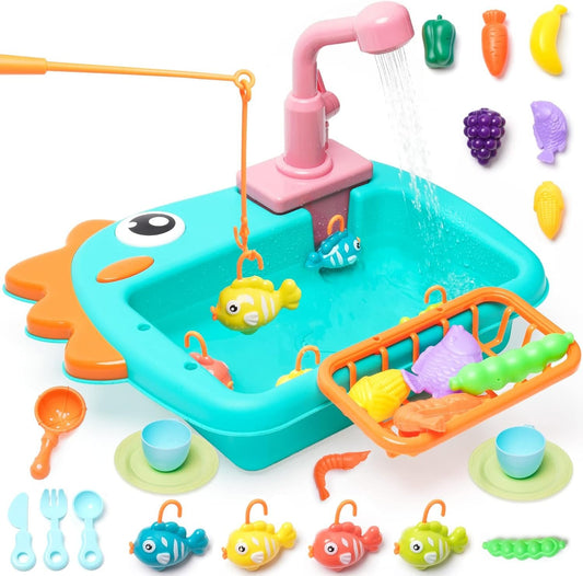 Kitchen Sink Toy with Running Water Dishwasher Play Kitchen Accessories with Automatic Water Circulation Tableware Accessories Vegetable Fruit Fishing Games Gift for Girls and Boys（Green）