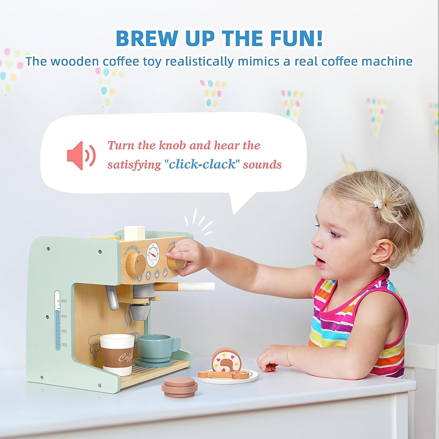 OOOK 2-in-1 Kids Wooden Toy Coffee Maker Playset, Toddler Pretend Play Kitchen Food Small Coffee Shop with 28 Pcs Play Kitchen Accessories for Girls & Boys
