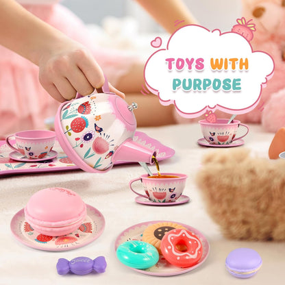 Flower Tea Set for Little Girls, Birthday Gift for Age 3 4 5 6 Year Old, Toddler Toys Tea Party Set for Little Girls, Princess Kids Kitchen Pretend Toy with Tin Tea Set, Desserts & Carrying Case