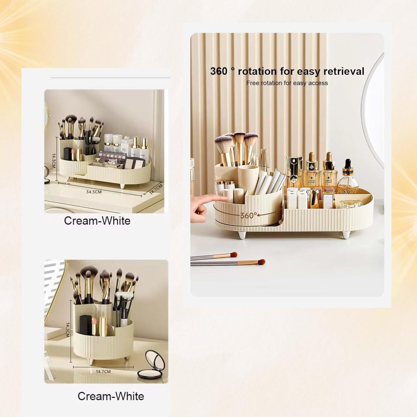 LUSHLOOM Modern Elegant Rotating Makeup Organizer - 360° Adjustable Cosmetic Storage Tray, Multi-Compartment Organizer for Makeup, Brushes, Skincare, Accessories - Beige