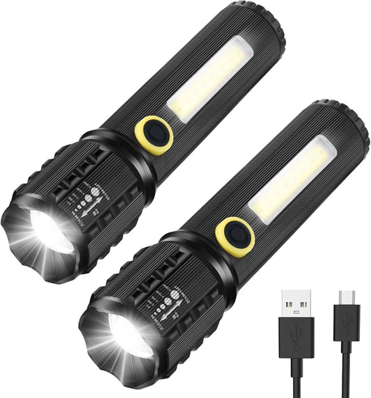 GeeRic LED Tactical Flashlight, 2 Pack Handheld Flashlights 3 Modes, Zoomable Adjustable Lightweight Pocket Size Bright Flashlights, Emergency Rechargeable LED Flashlight, Survival Flashlights, Black