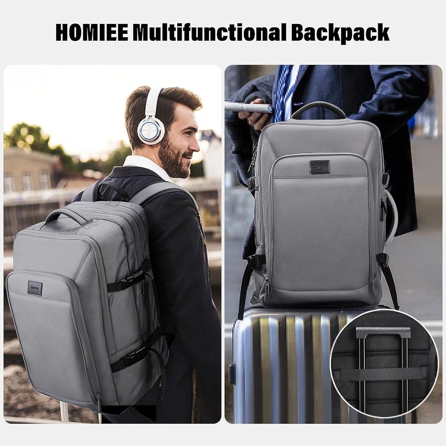 HOMIEE 50L Expandable Travel Laptop Backpack, Flight Approved Carry-On Luggage Backpack, 17.3 Inch Water Resistant Backpack (Grey)