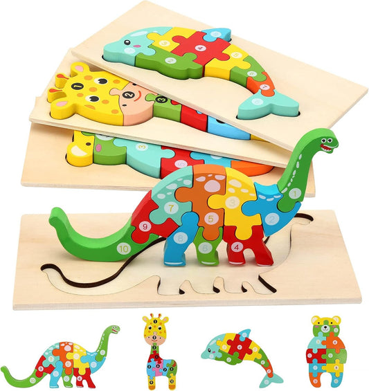 Wooden Puzzles for Toddlers 3-5 Year Old, Kids Montessori Toys for 3 Year Old, Learning Educational Wood Puzzle Toy Gift for 3 4 5 Year Old Boys Girls - 4 Pack