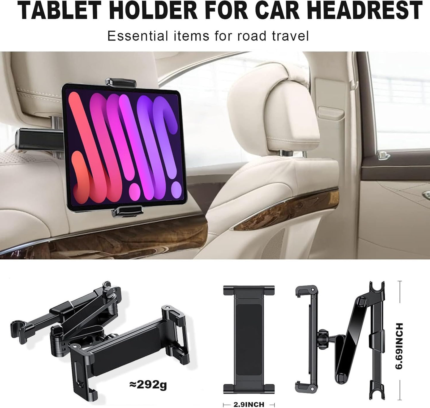Tablet Holder for Car Headrest, 360 Rotating Adjustable Tablet Car Mount for Back Seat, Trip Essentials for Kids, iPad Holder for 4.7-12.9" Like iPad Pro, Air, Mini, Galaxy, Fire (Black)