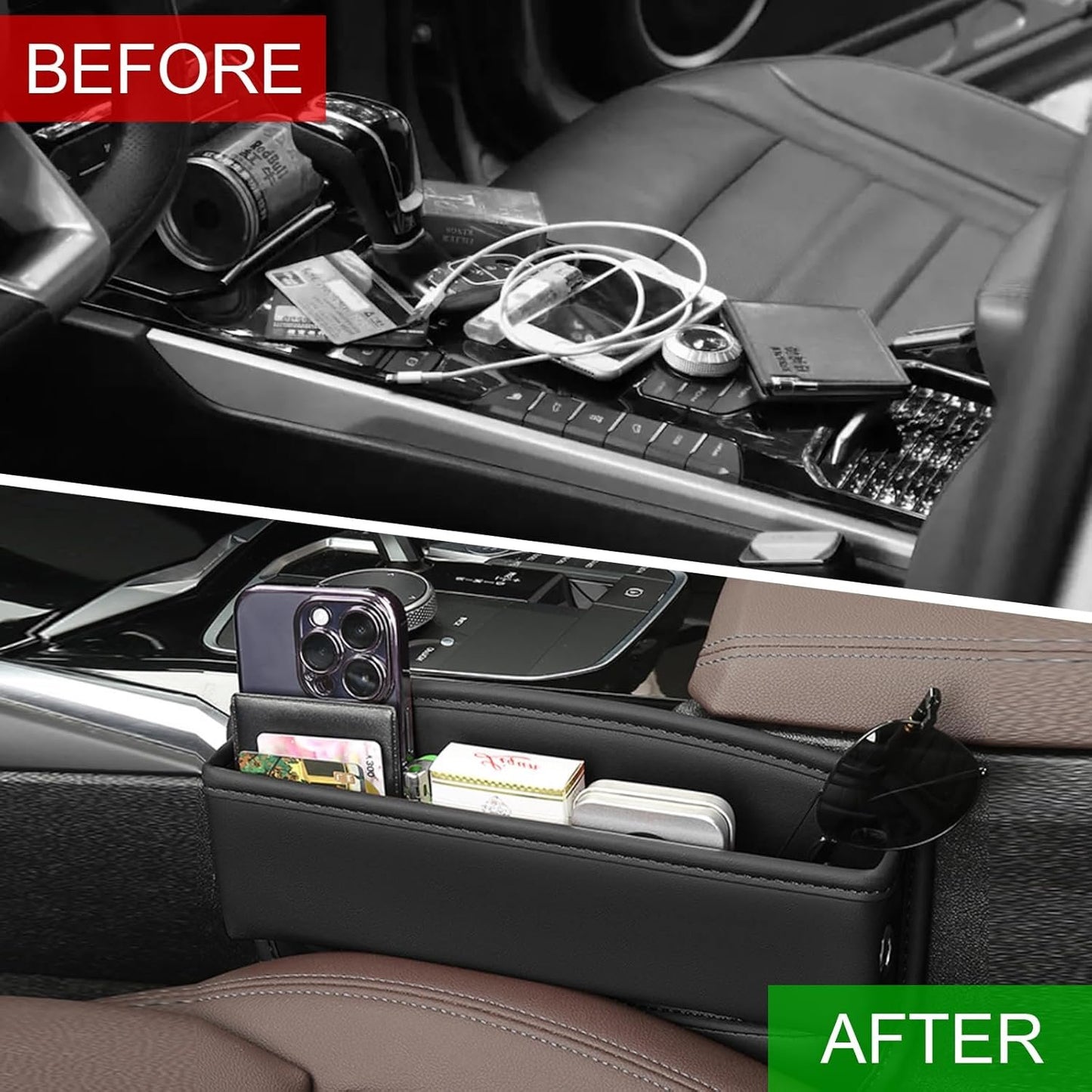 2 Pack Car Seat Gap Organizer, Leather Car Front Seat Gap Filler Car Seat Storage Bag for Phone/Keys/Cards, Car Center Console Side Pockets Gap Stop Things Pads, Car Interior Accessories for Sedan SUV