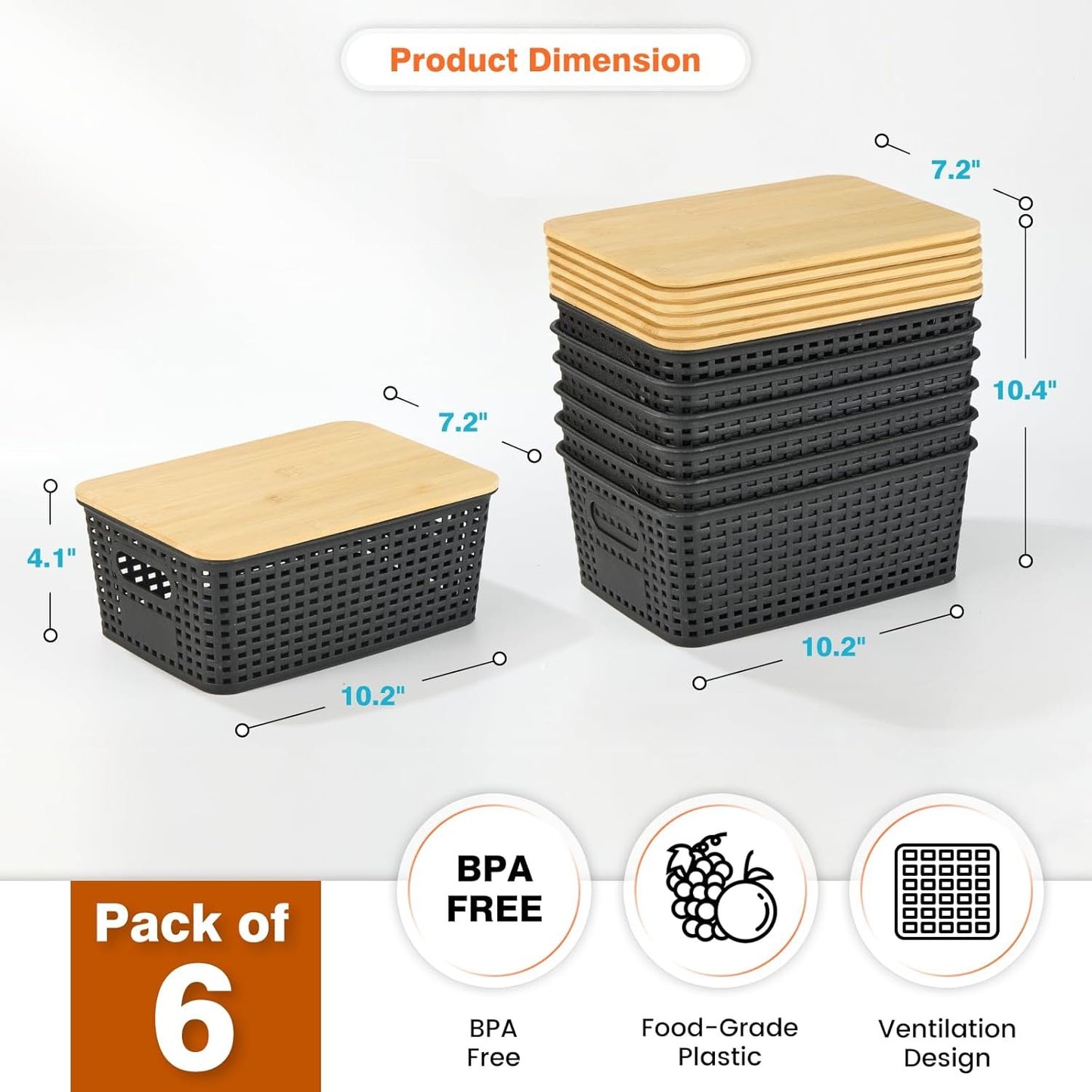 Plastic Storage Baskets With Bamboo Lid - Plastic Storage Containers Stackable Storage bins: Storage Baskets for Organizing Shelves Drawers Desktop Closet Playroom Classroom Office, 6 Pack, Gray
