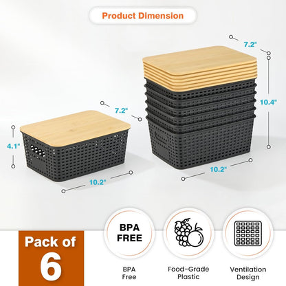Plastic Storage Baskets With Bamboo Lid - Plastic Storage Containers Stackable Storage bins: Storage Baskets for Organizing Shelves Drawers Desktop Closet Playroom Classroom Office, 6 Pack, Gray
