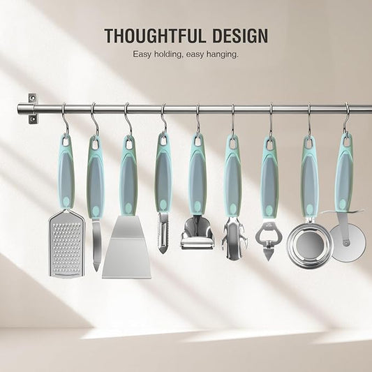 Stainless Steel Kitchen Gadget Set, HIFIND 9 PCS Cooking Gadgets Tools Set with Soft Touch Handles, Pizza Cutter, Peeler, Cheese Grater, Bottle Opener, Egg Separator, Grill Spatula, Holding Clamp