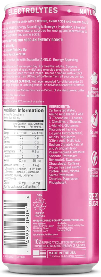 OPTIMUM NUTRITION Amino Energy + Electrolytes Sparkling Hydration Drink, Watermelon Flavour, 355ml, 12 Pack