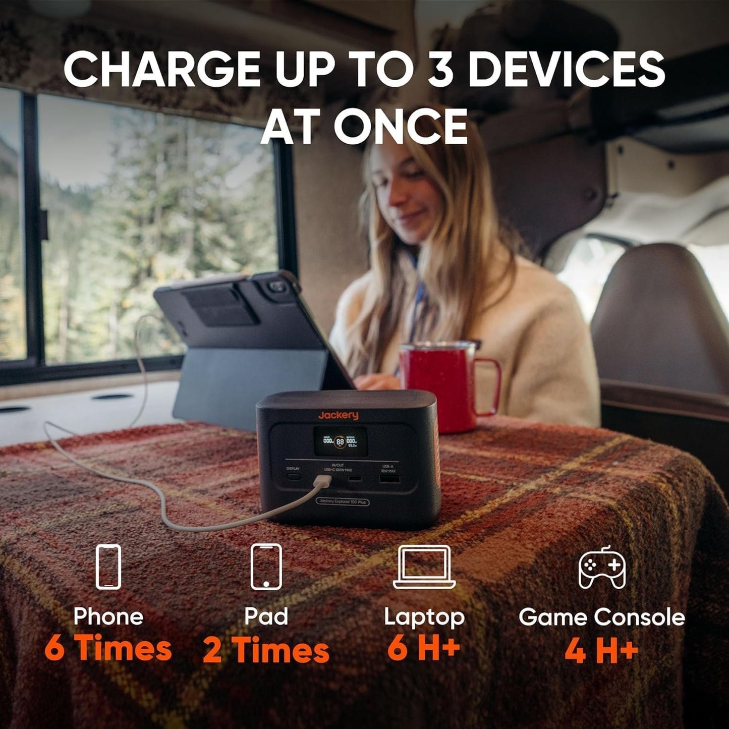 Jackery Explorer 100 Plus Portable Power Station, 99Wh LiFePO4 Battery Solar Generator, 128W Carry-on Power for Flight Train Travel, 100W Dual PD 3.0 Fast Charge (Solar Panel Optional)