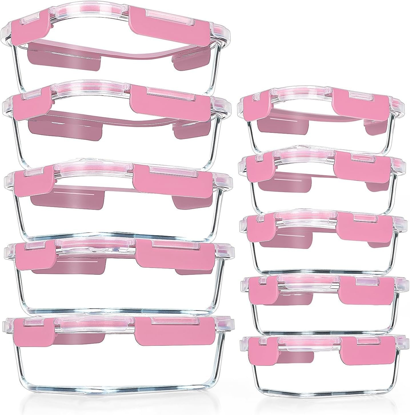VERONES 10Pack Glass Meal Prep Containers, Airtight Glass Lunch Containers,Stackable Glass Food Storage Containers Set with Lids,Exclusive of BPA, for Microwave,Oven, Freezer&Dishwasher Friendly,Pink
