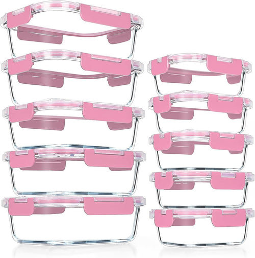 VERONES 10Pack Glass Meal Prep Containers, Airtight Glass Lunch Containers,Stackable Glass Food Storage Containers Set with Lids,Exclusive of BPA, for Microwave,Oven, Freezer&Dishwasher Friendly,Pink