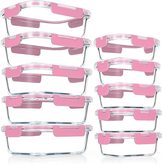 VERONES 10Pack Glass Meal Prep Containers, Airtight Glass Lunch Containers,Stackable Glass Food Storage Containers Set with Lids,Exclusive of BPA, for Microwave,Oven, Freezer&Dishwasher Friendly,Pink