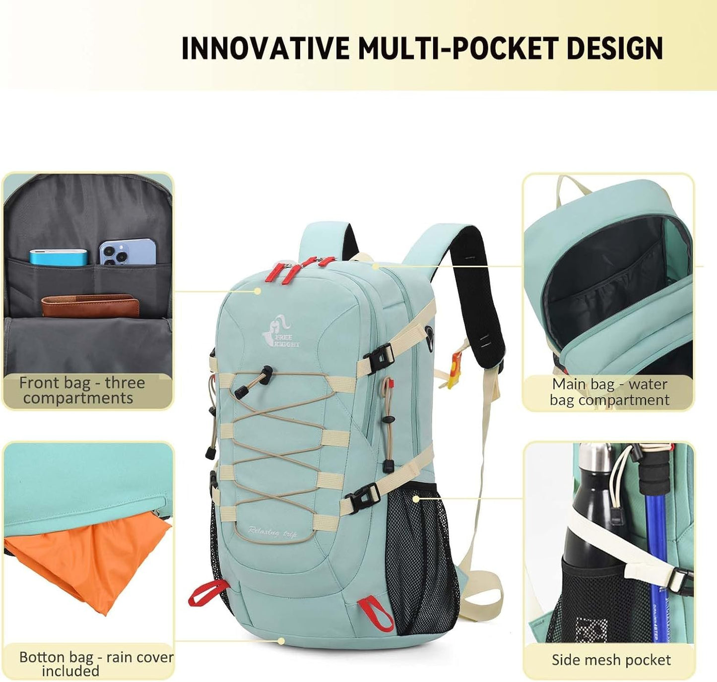 Bseash 40L Waterproof Hiking Camping Backpack with Rain Cover, Lightweight Outdoor Sport Travel Daypack for Climbing Skiing