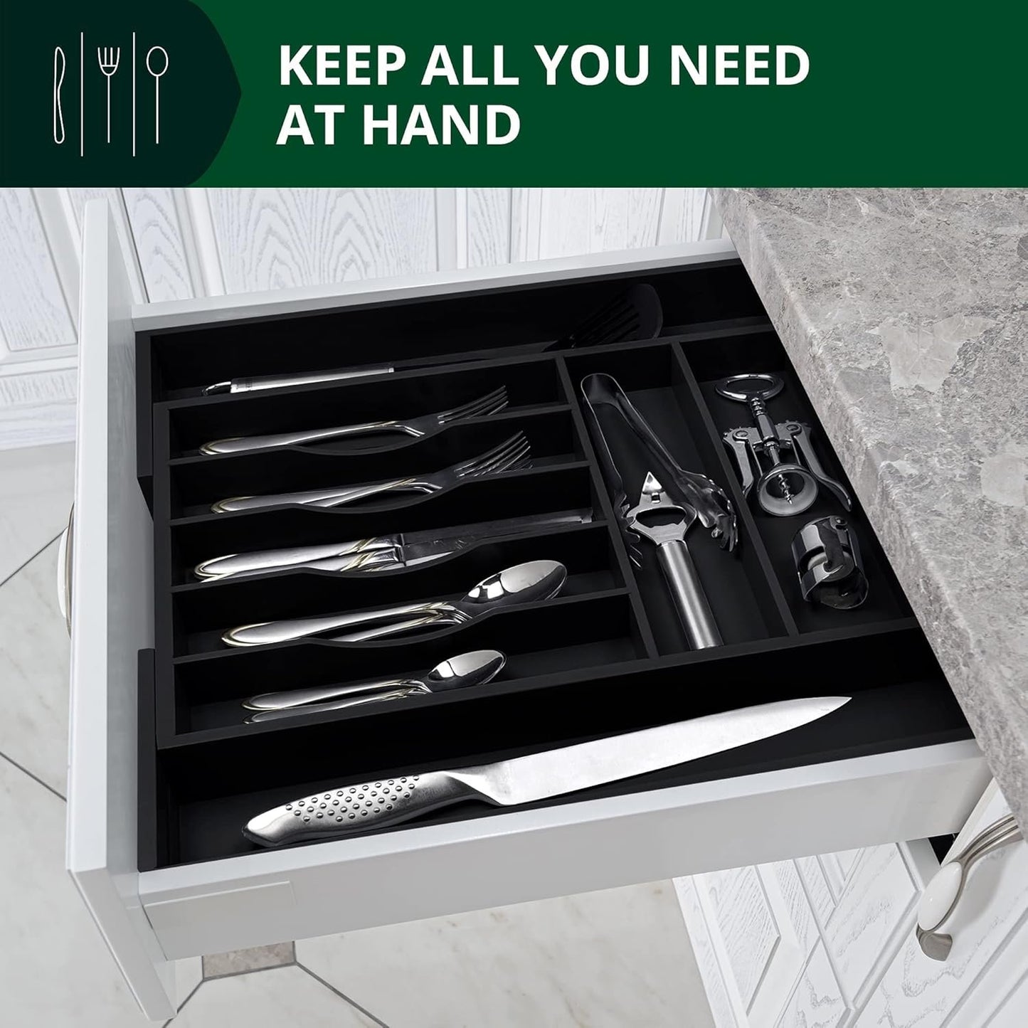 Bamboo Kitchen Drawer Organizer - Expandable Silverware Organizer/Utensil Holder and Cutlery Tray with Grooved Drawer Dividers for Flatware and Kitchen Utensils (Black, 9 Slots)