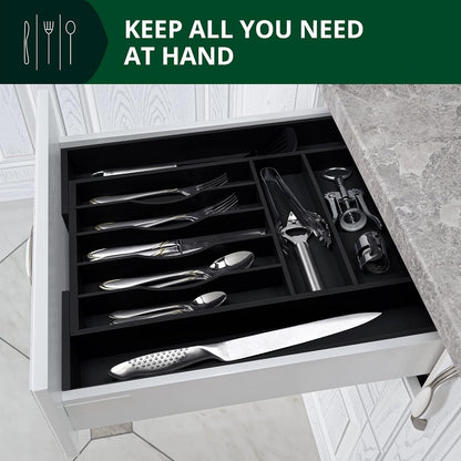 Bamboo Kitchen Drawer Organizer - Expandable Silverware Organizer/Utensil Holder and Cutlery Tray with Grooved Drawer Dividers for Flatware and Kitchen Utensils (Black, 9 Slots)