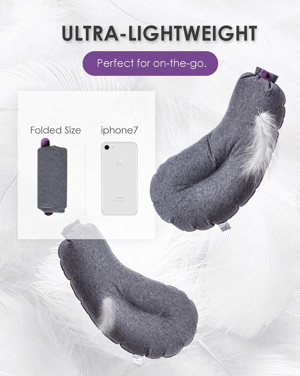 DesignNest Aubergine Pillow, Comfort in a Puff, Inflatable Ergonomic Hug Friendly, Compact Lightweight, for Napping, Lounging, Camping, Home & Travel Pillow, Dorm Decor, Grey