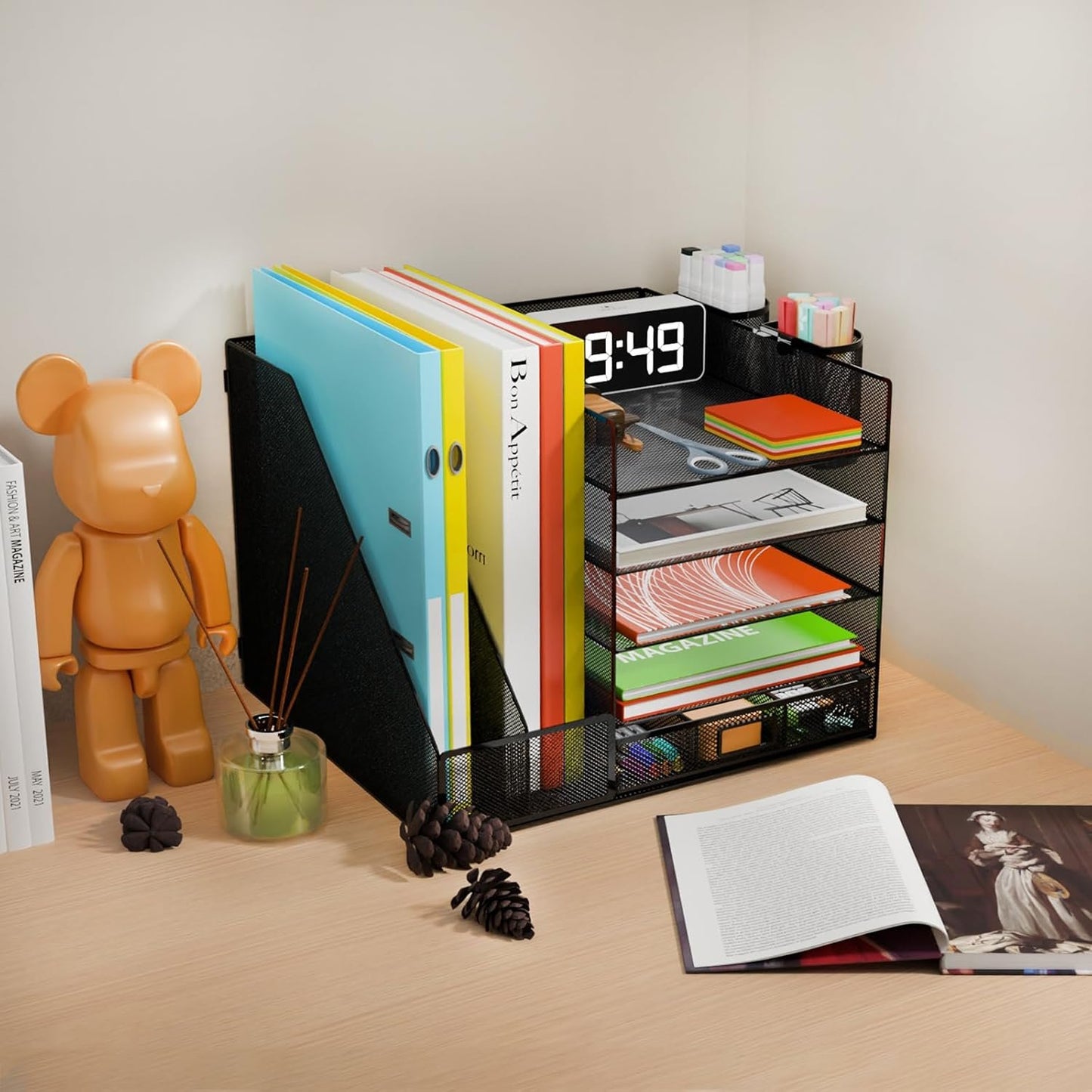 Desk Organizer with File Holder, 5-Tier Letter Paper Tray Organizer with Drawer & 2 Pen Holders, Desk Organizers and Accessories, Mesh Desktop File Organizer and Storage for Office Supplies