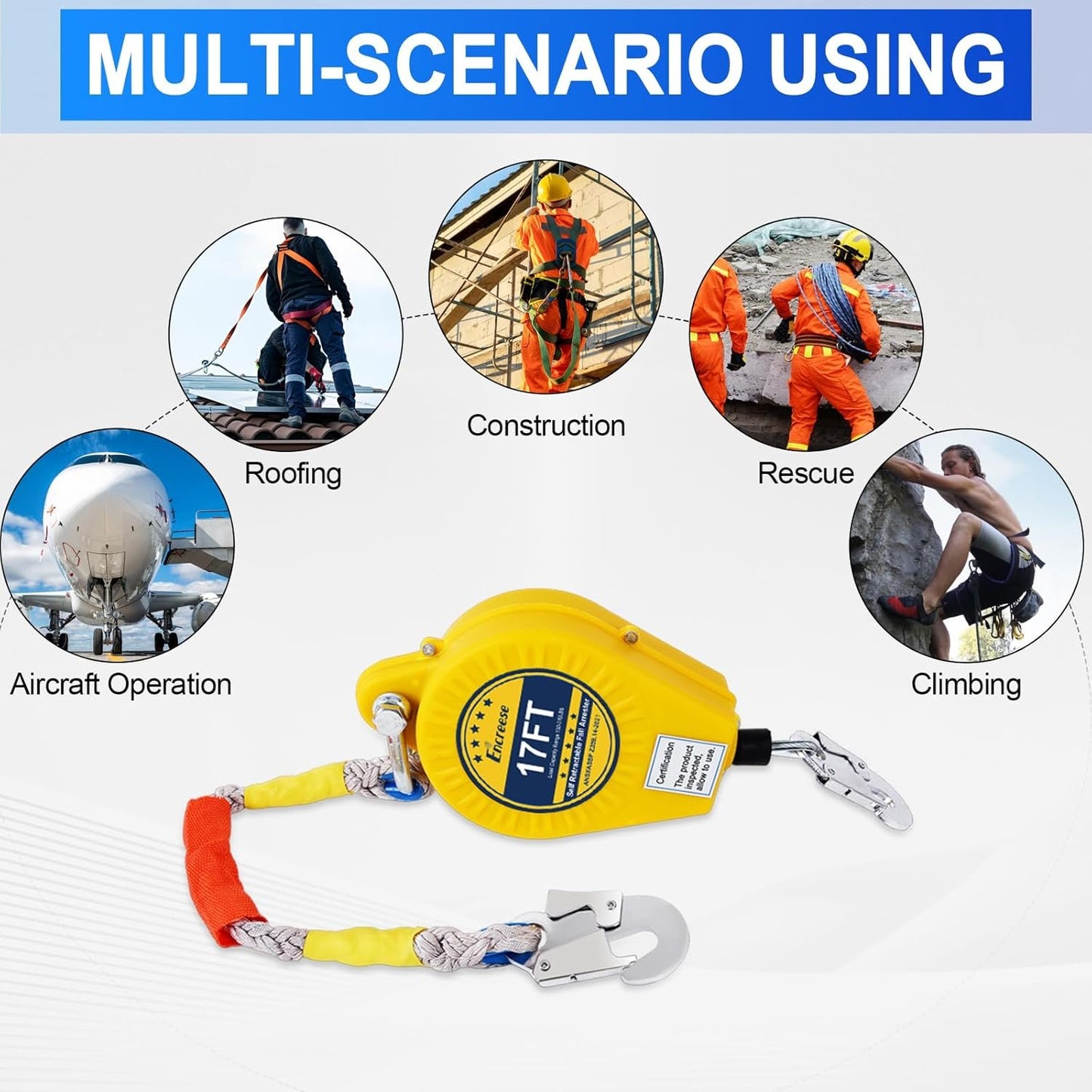 Encreese Self-Retractable Fall Arrester 17FT Double Locking Fall Arrest Protector Fall Protection Gear, Dual Alloy Steel PPE Shell Heavy Duty Hook Cable Wire Rope Roofing Lifeline Safety Lanyard