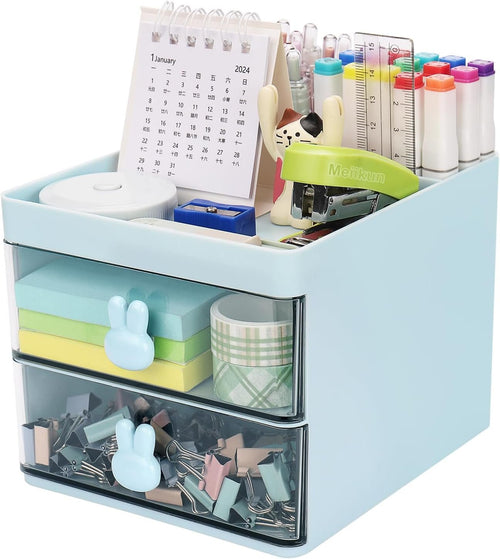 Meiikun Desk Organizer with 2 Drawers, 2 Compartments & a Top Tray, Small Desktop Organizers, Cute Makeup Brush Holder, Office Accessories Home Organization for Women, 13 cm x 15 cm x 11.5 cm (Blue)