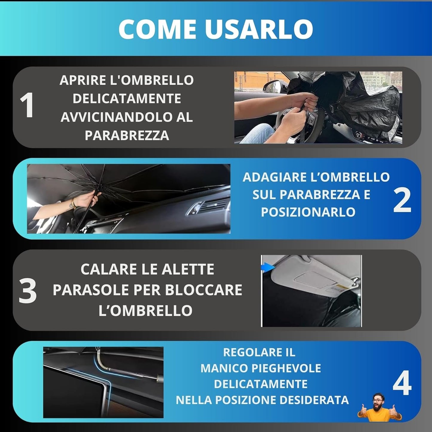 YNP Car Sun Umbrella Windshield Inner Front – Model 2024 with Folding Handle – Car Accessories UV Protection – Car Sunshade 135 x 70 cm