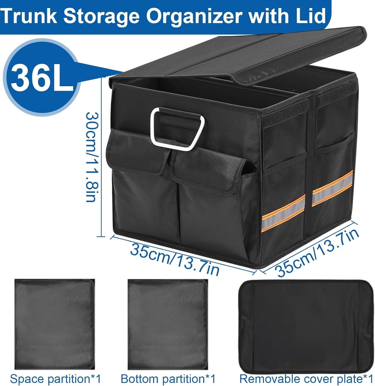 IEHOME Car Trunk Organizer, 36L Collapsible Multi Compartment Black SUV, RV, Car Organizer with Non Slip Base, Waterproof Bag & Reflective Strip