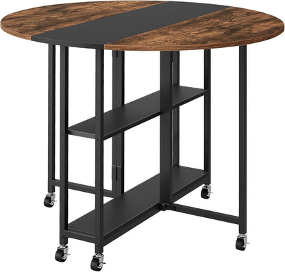 Folding Dining Table, Kitchen Table with 6 Wheels, Folding Round Table with 2-Layer Storage Shelf, Space Saving Dining Table for Small Spaces, Stable, Easy Assembly, Rustic Brown TCZ03BF