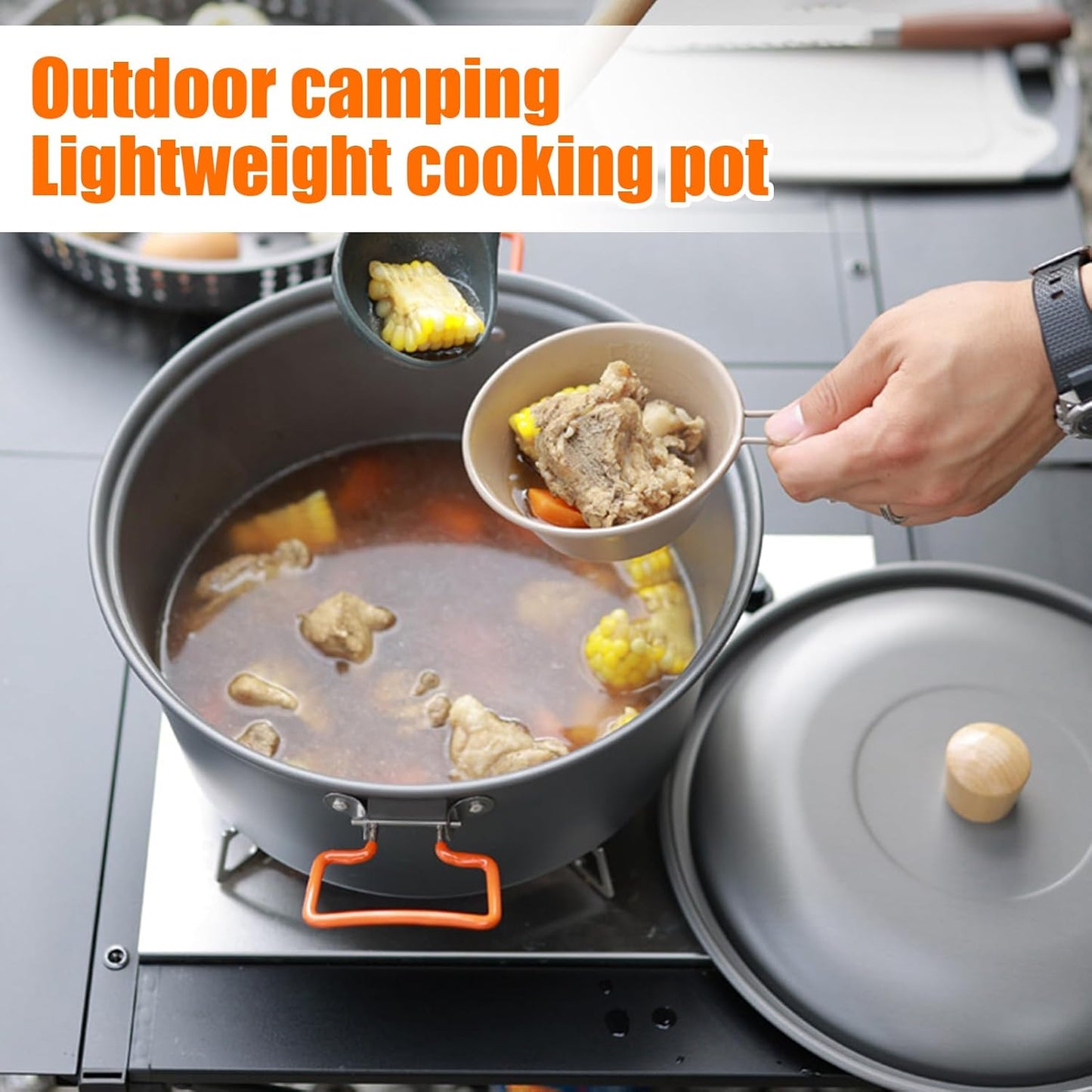 Camping Pot Portable Large Capacity Camp Pan Lightweight Heat Resistant Cooking Pot Outdoor Picnic Steamer Boiling Gear for Backpacking, Hiking, Travel, Campfire, Adventure