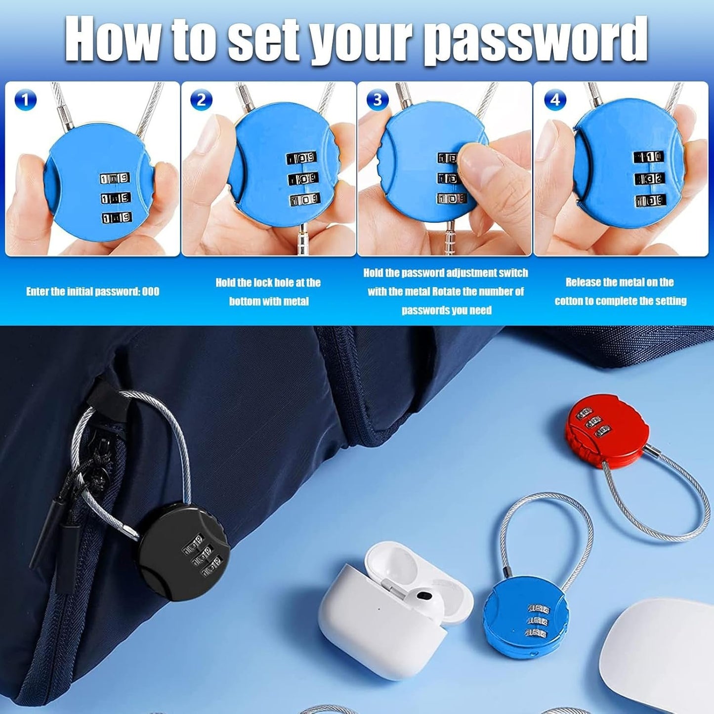 Wire Rope Lock, Mini Code Lock, Wire Rope Padlock for Luggage, Jewelry Box, Backpack, Gym Locker (90 * 37 * 9mm 4 Color, Pack, 2)