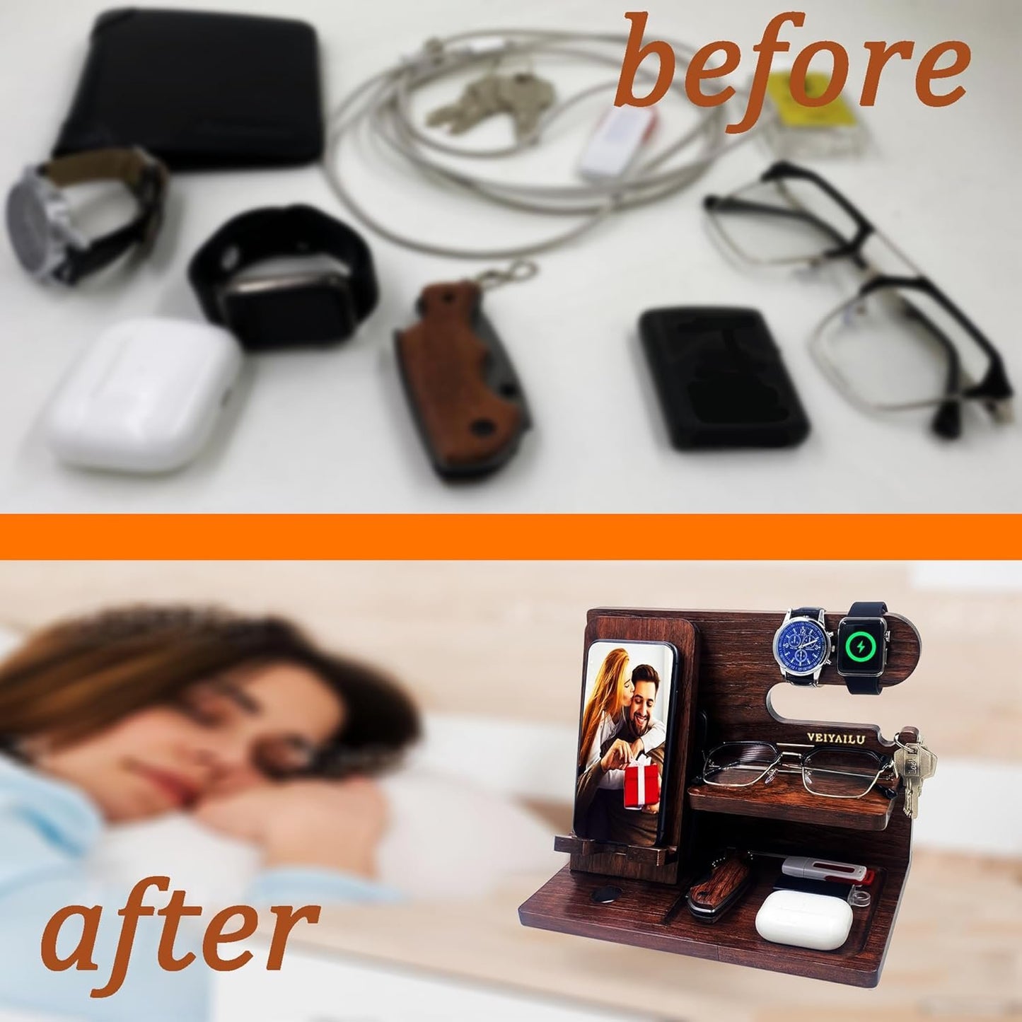 VEIYAILU Gifts for Men Women Brother Boss Boyfriend Him Nightstand Organizer Gifts for Dad from Daughter Son Wood Phone Docking Station (Dark Brown)