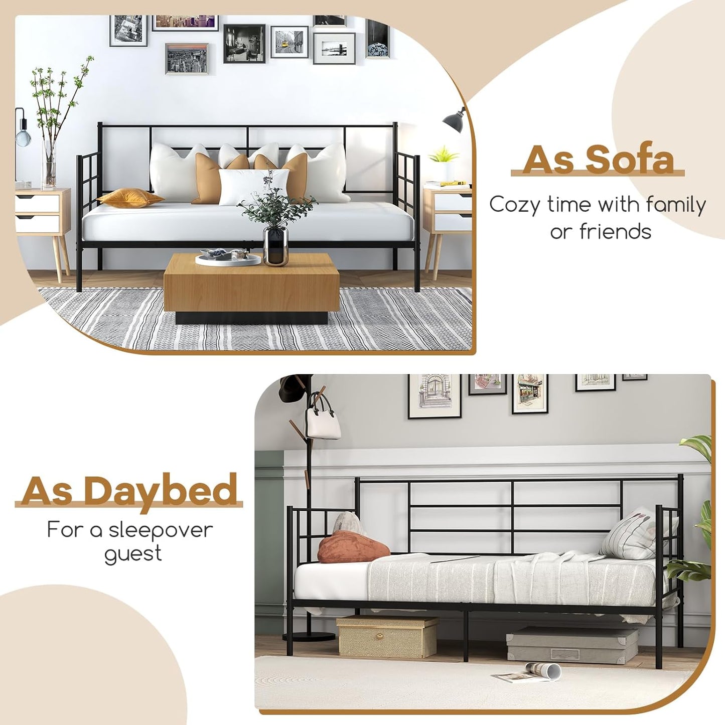 Giantex 2-in-1 Single Daybed, Sofa Bed with Arms & Back, Single Platform Bed with Metal Slat Support for Living Room, Guest Room, No Box Spring Needed