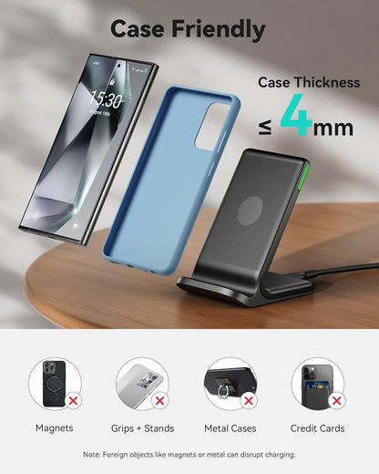 INIU Wireless Charger, 15W Qi-Certified Fast Charging Station, Wireless Charging Stock with Sleep-Friendly Adaptive Light Compatible with iPhone 16 15 Pro Max Samsung Galaxy S25 S24 Ultra Google Pixel
